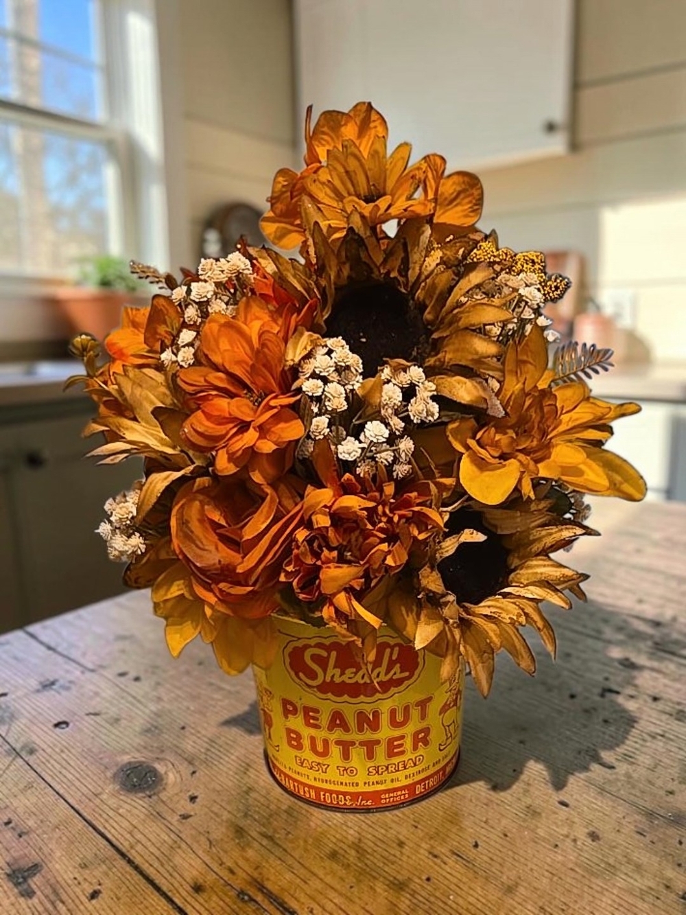 Vintage Shedd’s Tin Fall Floral Arrangement | Hand Aged Autumn Decor